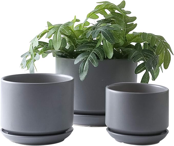 Yishang Succulent Plant Pots,6.7+5.3+4.1 in Glazed Ceramic Planters with Connected Saucers, Round Modern Ceramic Flower pots - Small to Large Sized Plant pots for All House Plants(Matte Grey)