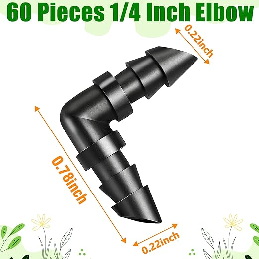 60 Pack Drip Irrigation 1/4" Barbed Elbow Fittings, Drip Line Barbed 90 Degree Elbow Connectors for 1/4 Inch Irrigation Tubing Micro Irrigation Connection Parts for Garden Sprinkler Systems