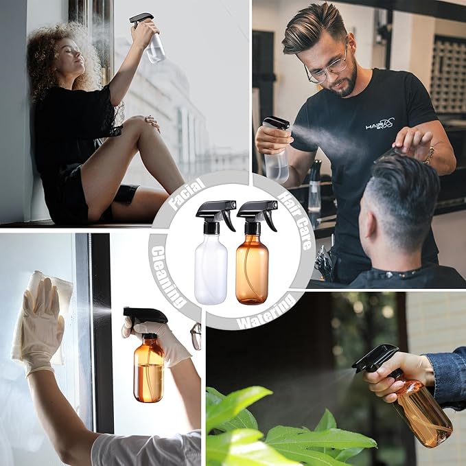 GearTrust Plastic Small Spray Bottle, Mister Squirt Bottle 2 Pack, 10.1 oz Amber Refillable Empty Water Spray Bottles with Adjustable Mist/Stream for Hair, Plant, Pet, Cleaning, Cooking