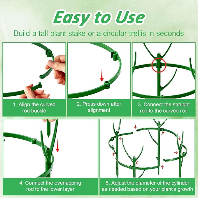 MXCOIRTP 10 Pack Stackable Plant Support Stakes & Adjustable Circular Trellis, Garden Trellis for Climbing Plants Indoor and Outdoor Use, Garden Accessories for Monstera, Pothos, Tomato