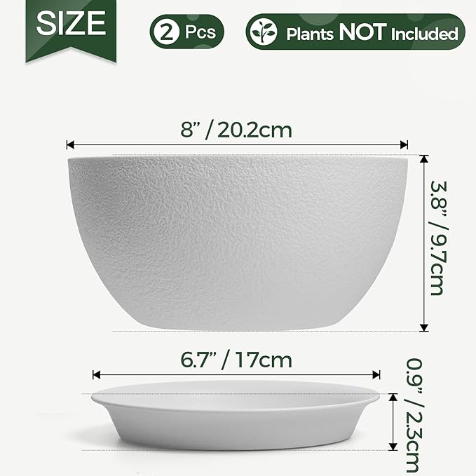 T4U 8 Inch Plant Pots 2 Pcs, Flower Pots for Plants, Plastic Planter Pots for Indoor Plants with Drainage Holes and Saucer (2 Pcs, 8", White)