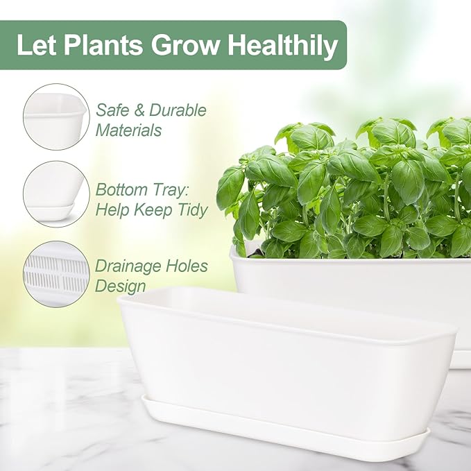 Oliz 8-Piece White Rectangular Window Sill Planters with Drainage Holes and Trays (11 Inches) for Basil, Orchids, and Succulents Modern Herb Garden Planters Suitable for Indoor/Outdoor Plants