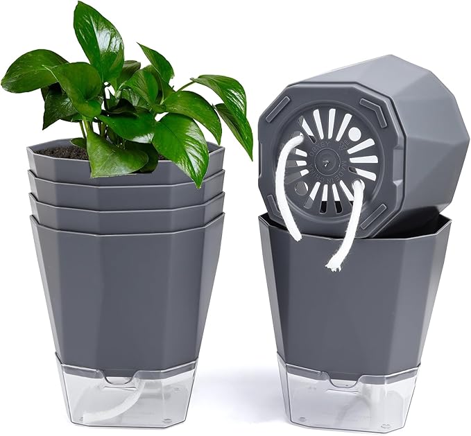 6 Pack Self Watering Planter Pots, 5 Inch Plastic Planters with Drainage Holes, Cotton Rope and Clear Reservoirs, Decorative Flower Pots for Indoor Outdoor Plants (Grey)