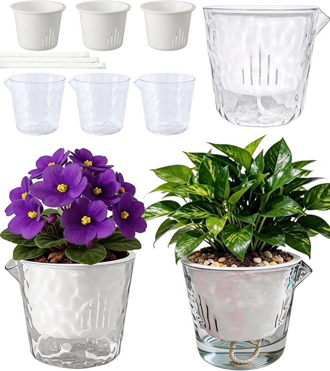 3-Pack Clear Self Watering Plant Pots, 5 Inch Clear Flower Pots with Drainage Holes, Tray and Rope, Plastic Self Watering Planters for Indoor Outdoor Garden Plants, African Violet, Herbs