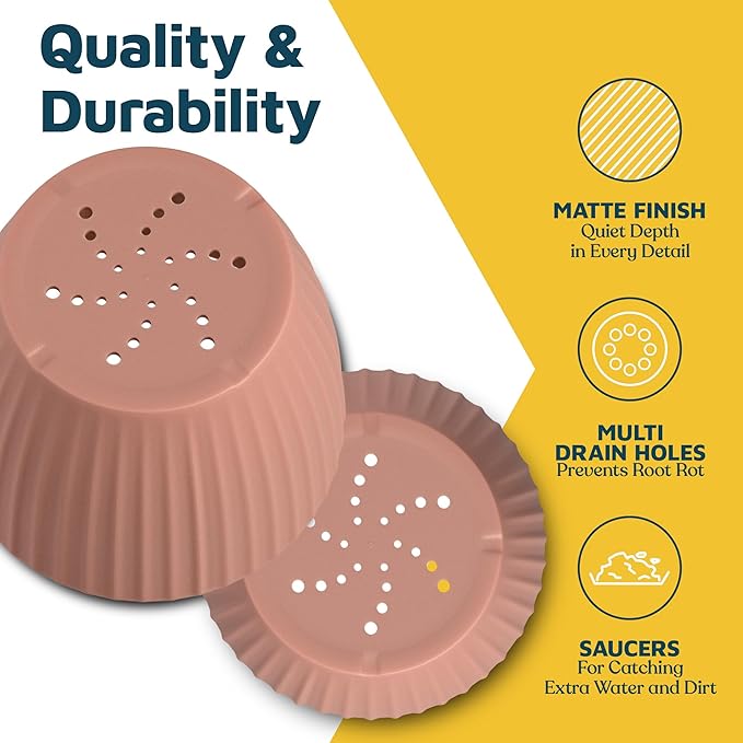 Pink 6-Inch Plant Pots with Drainage & Saucers 3 Pack, Indoor & Outdoor Planters for Houseplants, Herbs, and Flowers, Durable & Weatherproof Material, Stackable, Lightweight, Minimalist Design