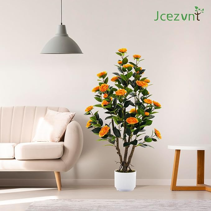 2 Pack Artificial Camellia Tree with White Pot, 38" Faux Potted Plants for Indoor Outdoor Decor, Tall Silk Greenery Plant for Home Offce Living Room Balcony,White, Orange