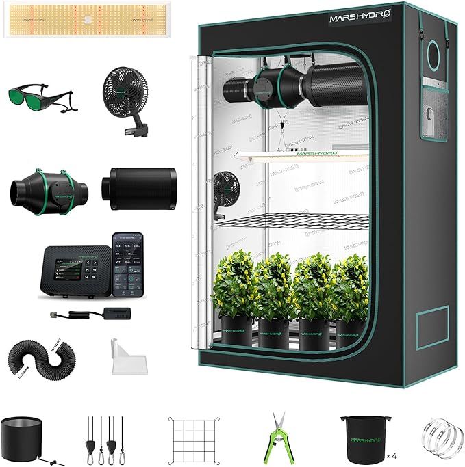 MARS HYDRO 2x4 Smart Grow Tent Kit with WiFi-Integrated Controller 43,300W TSL2000 LED Programmable&Dimmable Grow Light,48"x24"x71" 1680D High Reflective Mylar,4inch Automatic Ventilation System