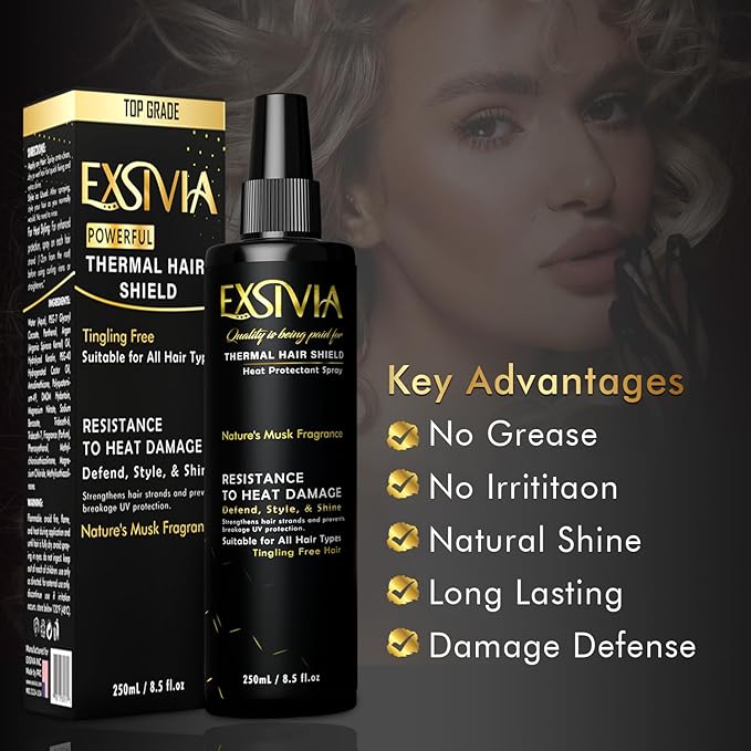 EXSIVIA Heat & Color Protection Hair Spray with Castor Oil Musk Fragrance, Frizz-Free Shine, Thermal Protection, Paraben-Free 250mL