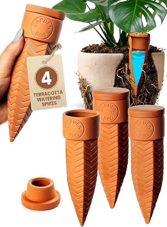 4pc Olla Watering Spikes For Plant Watering With Lids - Automatic Terracotta Self Watering Spikes For Indoor Plants & Outdoor - Terracotta Watering Spikes For 8" Pots Or Larger Water Plants While Away