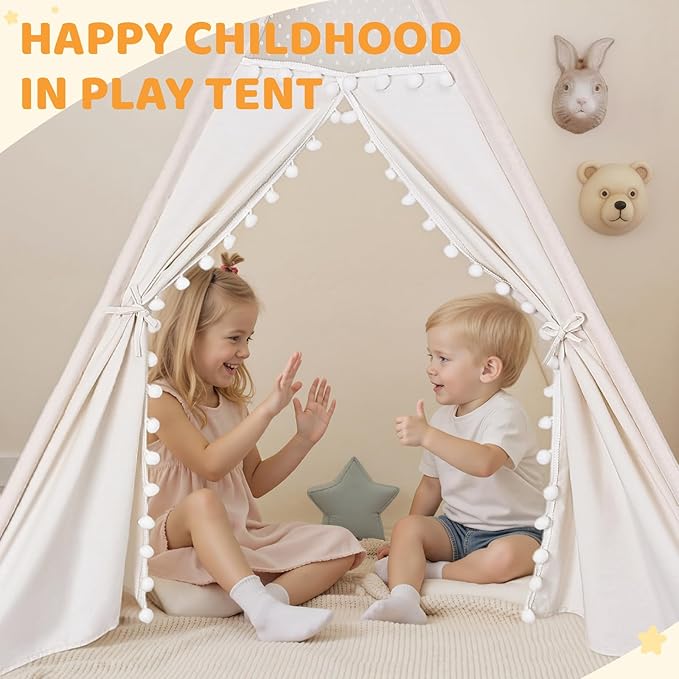 Sumbababy Kids Teepee Tent for Toddlers, Washable Indoor Tipi Sleepover Tent with Lights, Slumber Party Tent for Girls & Boys, Foldable Play Tents Gift Toy