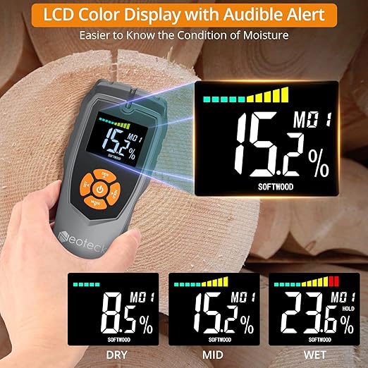 Neoteck Pinless Moisture Meter - Non-Destructive Wood & Masonry Moisture Detector with LCD Display & Sound Alarm for Walls, Drywall, Plaster, Floor, Concrete