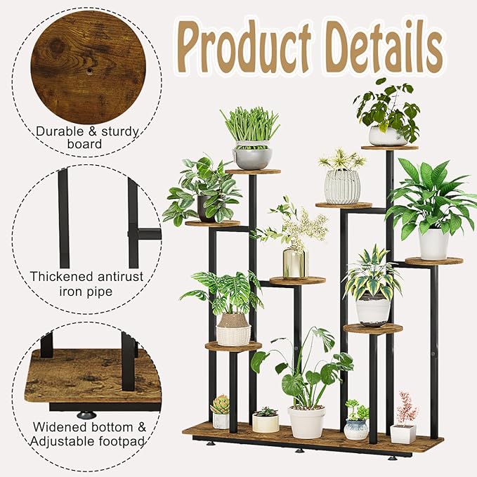 INGIORDAR Plant Stand Indoor Outdoor Corner Flower Stands Multiple Flower Pot Holder for Patio Garden Balcony Living Room 9 Tier Black+Rustic Brown
