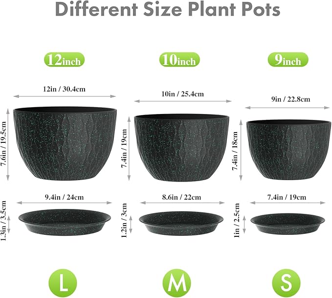 Meowell 12/10/9 inch Large Plant Pots, 3 Pack Wide Flower Pots for Outdoor Indoor Plants, Water Ripples Plastic Planters with Drainage Holes and Saucers for Garden House, Black with Green Speckles