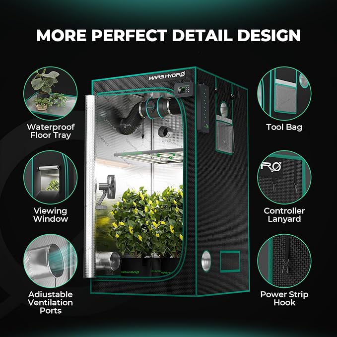 MARS HYDRO 3.3x3.3 Advanced Grow Tent, 39"x39"x71" High Reflective Mylar 1680D for Hydroponics Indoor Plant Growing, with Observation Window,Floor Tray and Smooth Zipper for TS1000/FC3000/FC-E3000