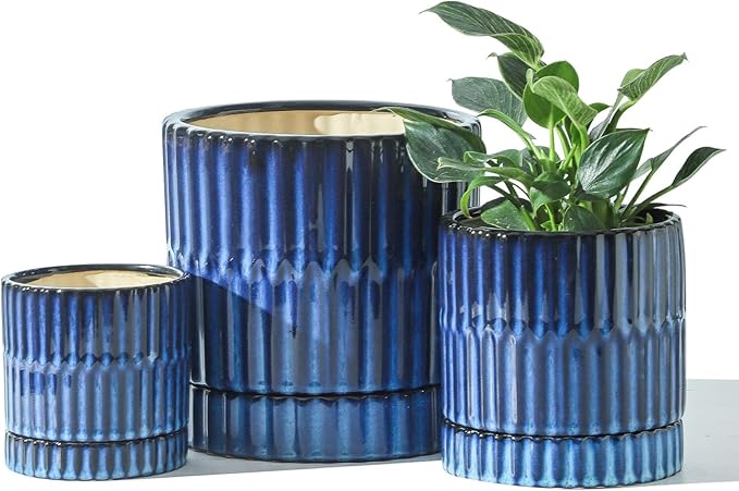 HASENSE Ceramic Plant Pots Set of 3 (8+6+4.6 Inch), Flower Planters with Drainage Hole and Saucer, Indoor Planter Pots for Succulents, Herbs, Ideal for Home Office Desktop Garden Decor(Blue)