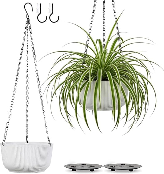 8 Inch Hanging Planters for Outdoor Indoor Plants, Set of 2 Self-Watering Hanging Plant Pots with Drainage Hole & Plug (Hooks)