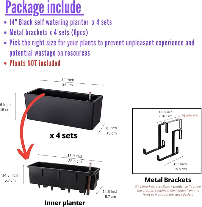 LaLaGreen Outdoor Planter Boxes (14 Inch, 4 Pack) Black Rectangular Self-Watering Railing Planters with Brackets, Hanging Window Boxes for Herbs Flowers Outdoor Plants Deck Garden Plastic Containers