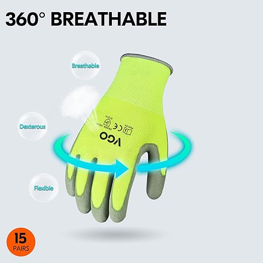 Vgo... 15-Pairs Safety Work Gloves, Gardening Gloves, Polyurethane Coated, Dipping Gloves, Latex Free (Size S, Yellow, PU2103)