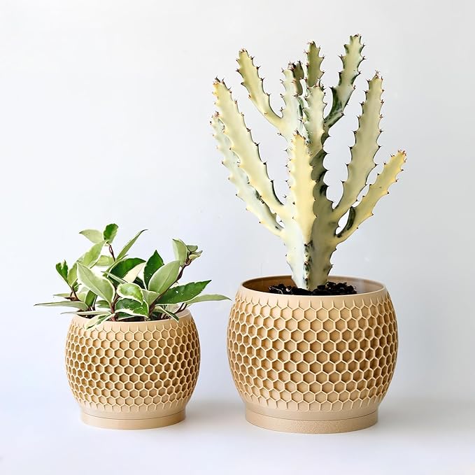Plant Pots, Modern 3D Printed Honeycomb Planters for Indoor Plants, 4.7/6 Inch Wood Decorative Flower Pot for Office Desktop, Bookshelf & Home Decor, Lightweight & Durable