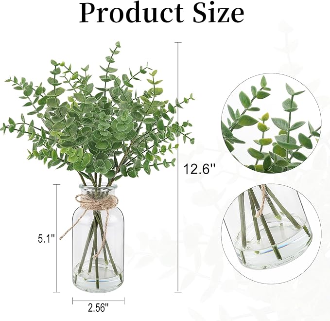 Bessol Artificial Eucalyptus Stems in Glass Vase 14" 6Pcs Faux Eucalyptus Branches Home Table Decor Fake Plants Stems for Farmhouse Kitchen Bathroom Decorations (Small Vase-Style B)