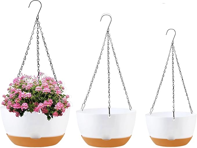 KPUVX 8/10/12 inch Hanging Planters for Indoor Outdoor Plants with Self-Watering Pots, 3 Pack Plastic Hanging Basket with Removable Tray for Home Garden Porch Balcony Patio Decor(White)