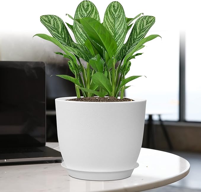 UOUZ 12/10/9 Large Plant Pots, Plastic Planters with Drainage Holes and Saucers for Indoor Outdoor Plants Flowers, White