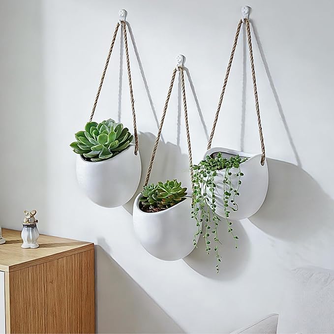 Set of 3 Small Ceramic Hanging Planters for Indoor Plants, Wall Decor for Bathroom Living Room Bedroom Home Kitchen Office Corridors