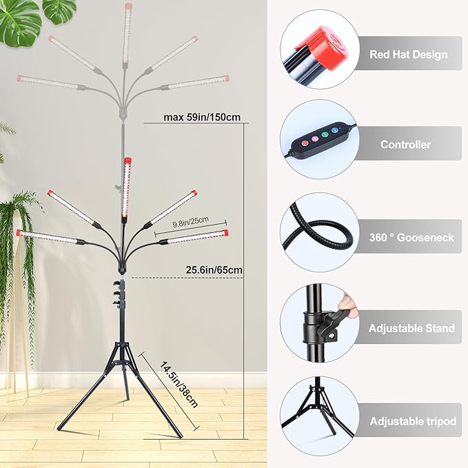 FECiDA Gamechanger! 45 Watt Power Draw, NO Need Adapter, 5Head Grow Light with Tripod Stand, 2026 Big Coverage LED Grow Lights for Indoor Tall Plants, Bonsai Tree, 4/8/12/16/20H Timer