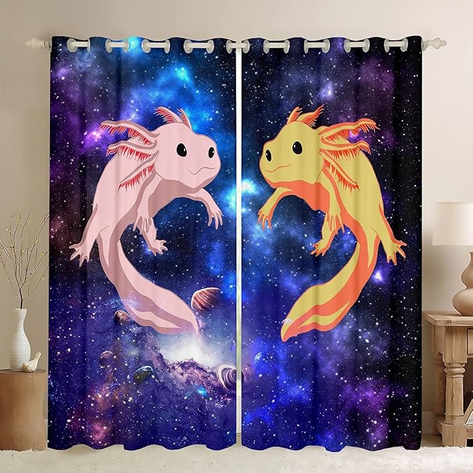 Feelyou Cute Axolotl Window Drapes Galaxy Axolotl Curtains for Kids Boys Girls Universe Outer Space Blackout Curtain Coastal Axolotl Window Treatments 38W X 54L，2 Panels