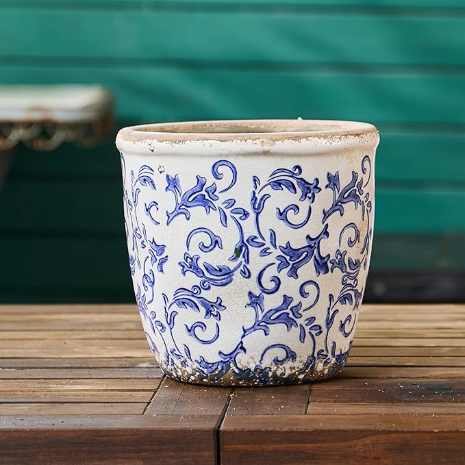 Teweiqi Vintage Ceramic Planter Without Drainage Hole, 6.5 Inch - Indoor/Outdoor Flower Pot for Orchids, Succulents, Blue Floral Rustic Farmhouse Plant Pot for Home, Office & Garden Décor, Ideal Gift