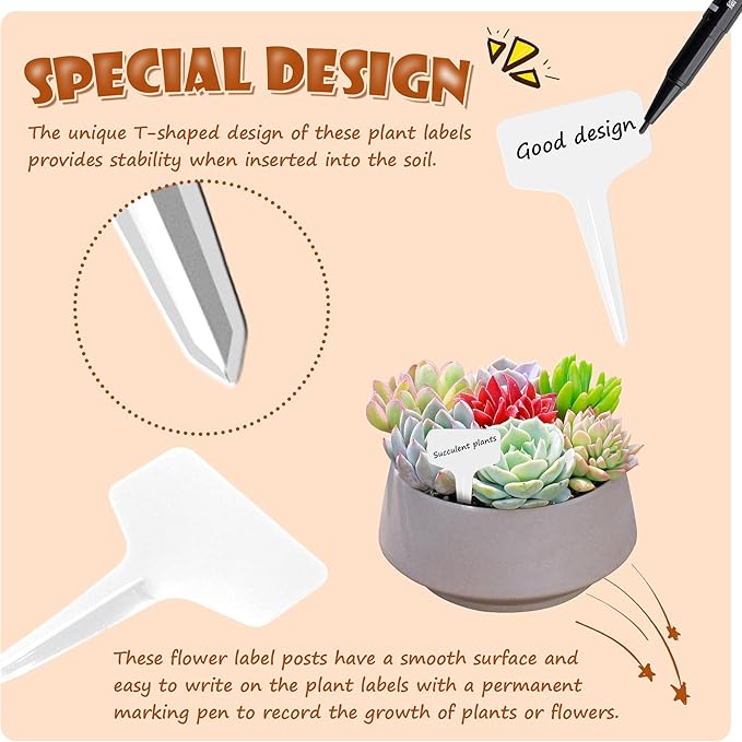 200Pcs Plant Labels Waterproof Plastic Garden Labels T-Type Flower Name Tags Seedling Marker Nursery Plant Tags with Permanent Marking Pen for Flowers Agriculture Horticulture (White)