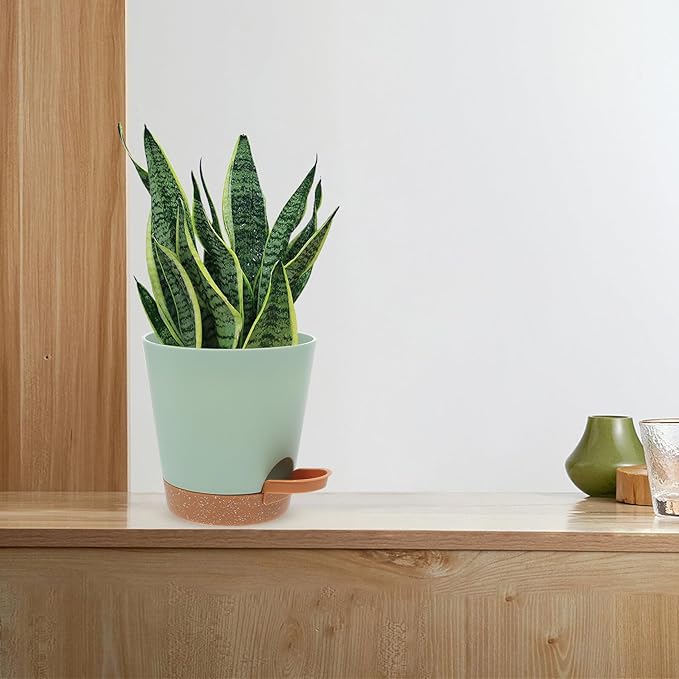 GANAZONO 5pcs Self Watering Planter Pots Set for Indoor Balcony Garden, Plastic Flower Containers with Detachable Clips, Automatic Watering Succulent Planters in Green