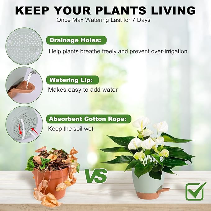 Vanslogreen Plant Pots Indoor 7/6.5/6/5.5/5 Inch Self Watering Planters for Indoor Plants with Drainage Hole, Plastic Flower Pots for Succulents, African Violet (Green)
