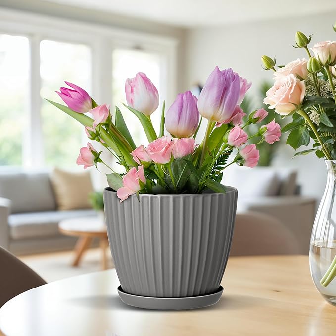 Gray 6-Inch Plant Pots with Drainage & Saucers 3 Pack, Indoor & Outdoor Planters for Houseplants, Herbs, and Flowers, Durable & Weatherproof Material, Stackable, Lightweight, Minimalist Design