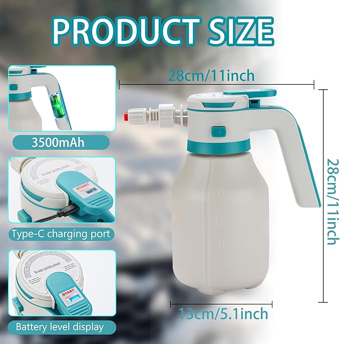 Electric Foam Sprayer Car Wash, 0.5Gallon 2L Rechargeable Battery Power Display Auto Pressure Foamer Spray Bottle, 2 Nozzles Mode Spray