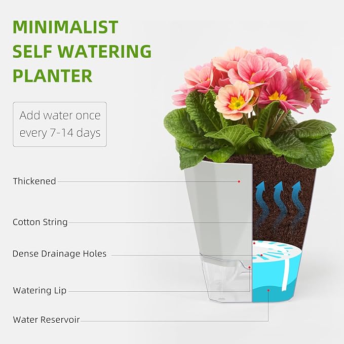 6-Pack Self Watering Planter Pots, 5 Inch Plastic Planters with Drainage Holes, Cotton Rope and Trays, Decorative Flower Pots for Indoor Outdoor Garden Plants (Multicolor)