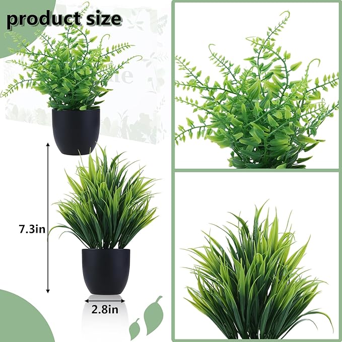 GREENTIME 2 Pack Fake Plants in Black Pot Small Artificial Plant Wheat Grass for Home Decor Faux Fern Greenery Indoor Bathroom Shelf Home Office Desk Bedroom Cabinet Kitchen Table Decorations