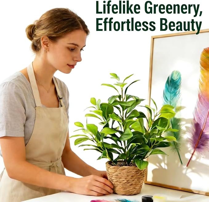 16 inch Artificial Peperomia Potted Plant in Woven Basket Planter Lifelike Two Tone Green Leaves Faux Indoor Branches for Home Office Desk Shelf Bathroom Table Decor