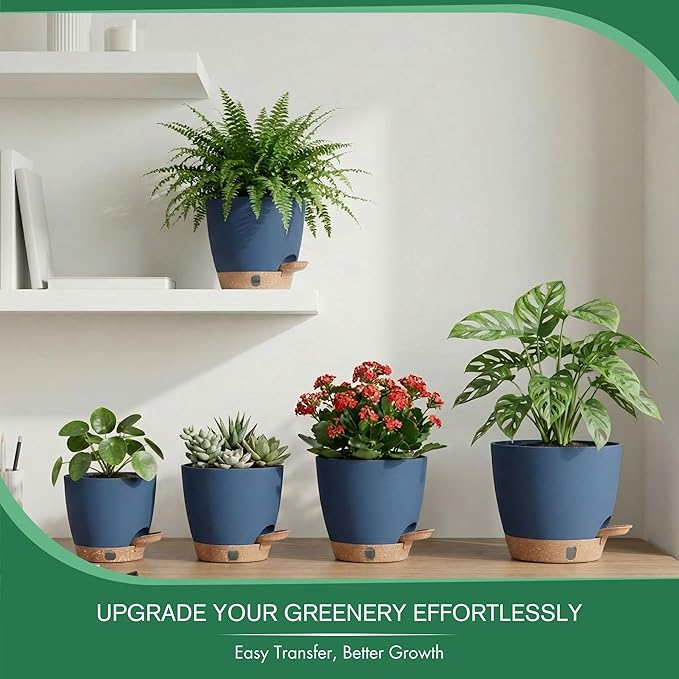montresor 5-Pack Reservoir & Drainage Plastic Flower Pots (5/5.5/6/6.5/7 Inch) – Ocean Blue Indoor Planters with Wick System for Peace Lily, Fern, Spider Plant