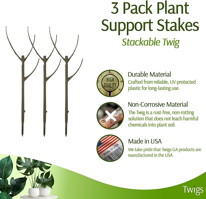 Twigs GA - Stackable Plant Support Stakes, Indoor & Outdoor Houseplant Stem Support, Garden Accessories, Durable Trellis Alternative for Climbing & Potted Plants - Moonstone, 3 Pack, 17" L