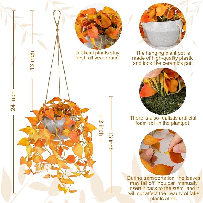 TNNTOPELE Autumn Fake Hanging Plants with Pot, 2 Pack Artificial Hanging Plants, Faux Anthurium Leaf Hanging Basket Plant for Wall Home Room Indoor Outdoor Office Decor
