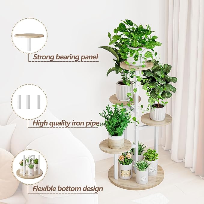 INGIORDAR Plant Stand Indoor Outdoor Corner Flower Stands Multiple Flower Pot Holder for Patio Garden Balcony Living Room 5 Tier White+Sonoma Oak