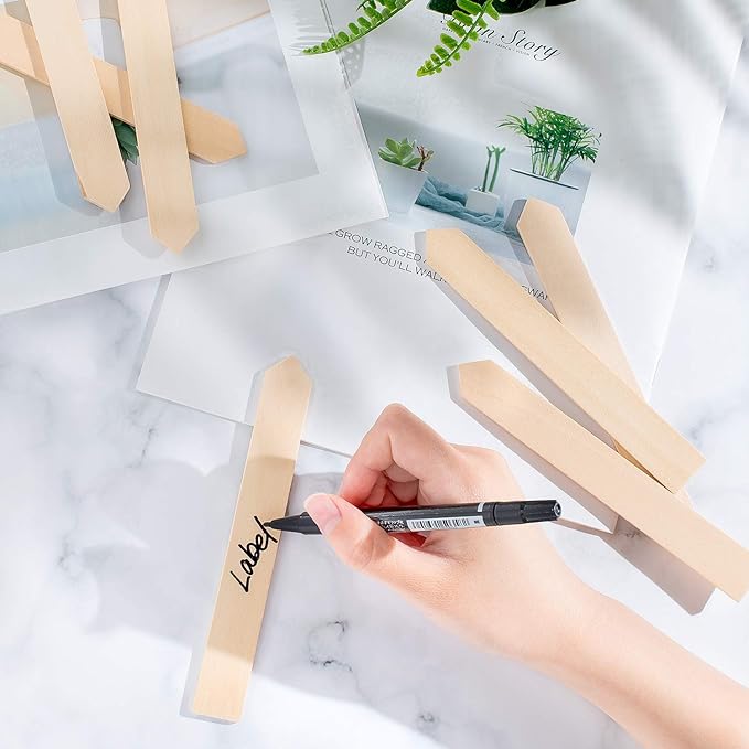 Whaline 50Pcs Wooden Plant Labels with A Marker Pen Waterproof Pointed Wooden Plant Sign Tags Garden Markers for Outdoor Indoor Garden Seed Potted Herbs Flowers Vegetables (15 x 2 cm)