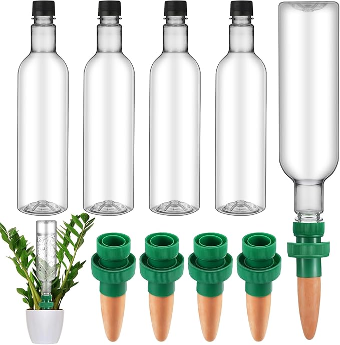 SiliFine 8 Set Plant Watering Devices Include Self Watering Spikes and 26 oz Plastic Bottles Plant Waterer Devices with Adjustable Control Valve Switch Indoor Outdoor (Clear)