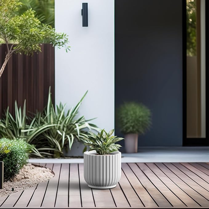 Kante Round Fulted Planter, 14 Inch Dia Large Concrete Plant Pots with Drainage Hole and Rubber Plug, Modern Decor for Indoor Outdoor Plants, Flower, White