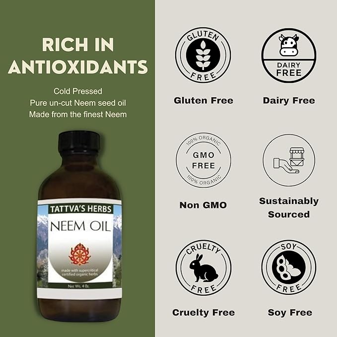 Tattva's Herbs Neem Oil for Hair and Scalp, Cold Pressed & Unrefined Neem Leaves, Neem Oil for Skin, Safe Neem Oil Spray for Plants, Hair and Skin, 4 oz (2 Pack), 25 Years of Premium Service