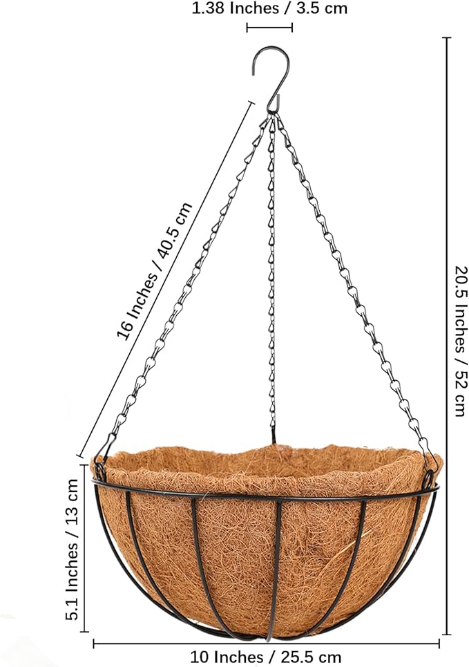 HKZ Hanging Basket Planter Plants Outdoor - 2 Pack 10 Inch Metal Hanging Planter with Coco Liners, Chain Hook Hanging Flower Pots for Indoor Outdoor Garden Porch Decoration
