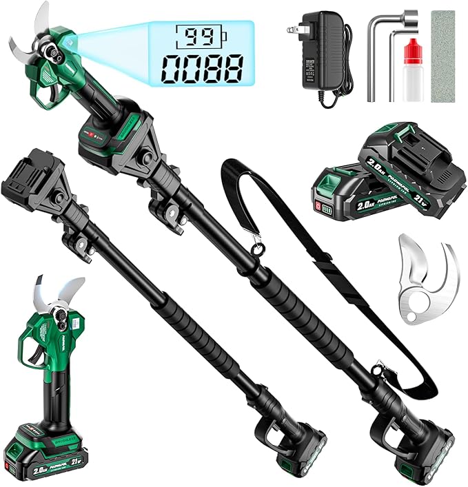 2-in-1 Electric Pruning Shears with Extension Pole, 1.6" Cutting Diamete Cordless Electric Scissors with Brushless Motor, Dual 2.0Ah Batteries, LCD Display, Sk7 Blade for High Branch & Garden Trimming