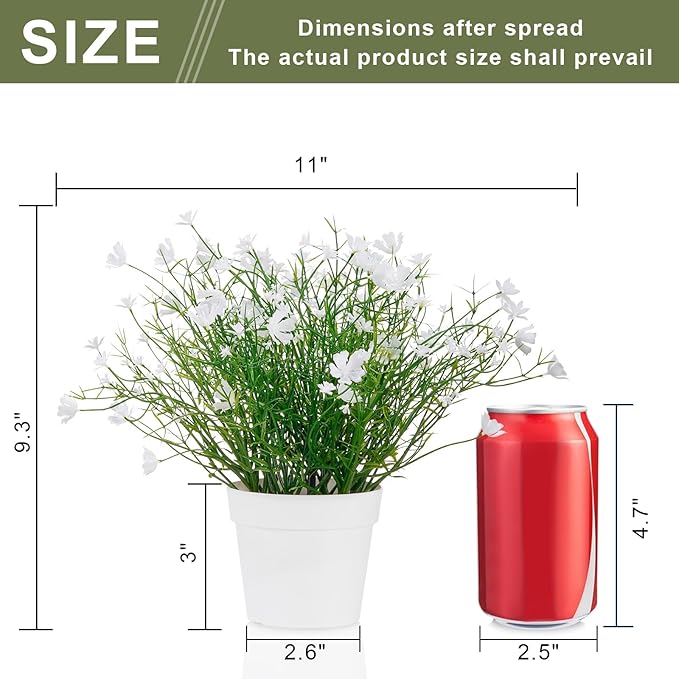 Artificial Babys Breath Potted Fake Plants with Flowers Faux Plants Indoor for Home Office Bookshelf Table Room Decor, White (Pack of 2)