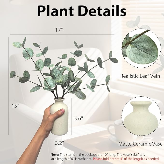 4PCS Artificial Eucalyptus Stems in Ceramic Pot, 15" Fake Plant Green Artificial Plant Indoor Faux Greenery Eucalyptus Bathroom Decor for House Office Desk